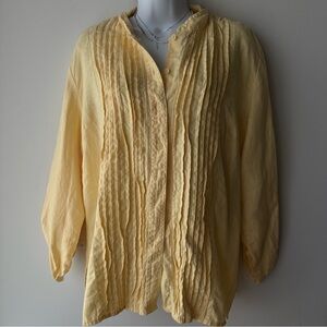 JM COLLECTION 100% Linen Pintuck Blouse Yellow Button Front Top Size 14